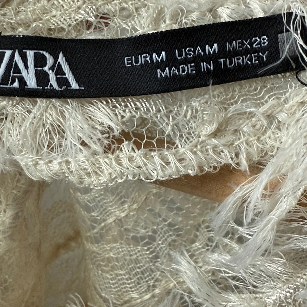 Zara Cream Textured Fringe Short-Sleeve Top Size M